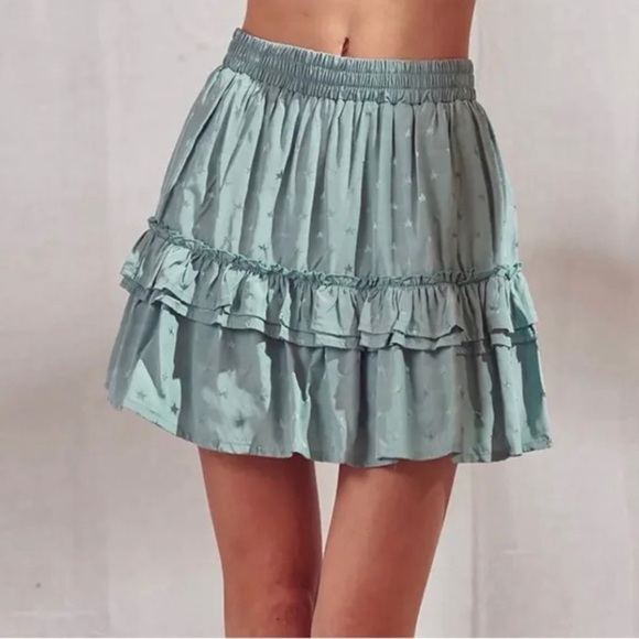 Storia Stars print satin Mini Skirt green‎ size M summer ruffle vacation travel - Picture 1 of 7